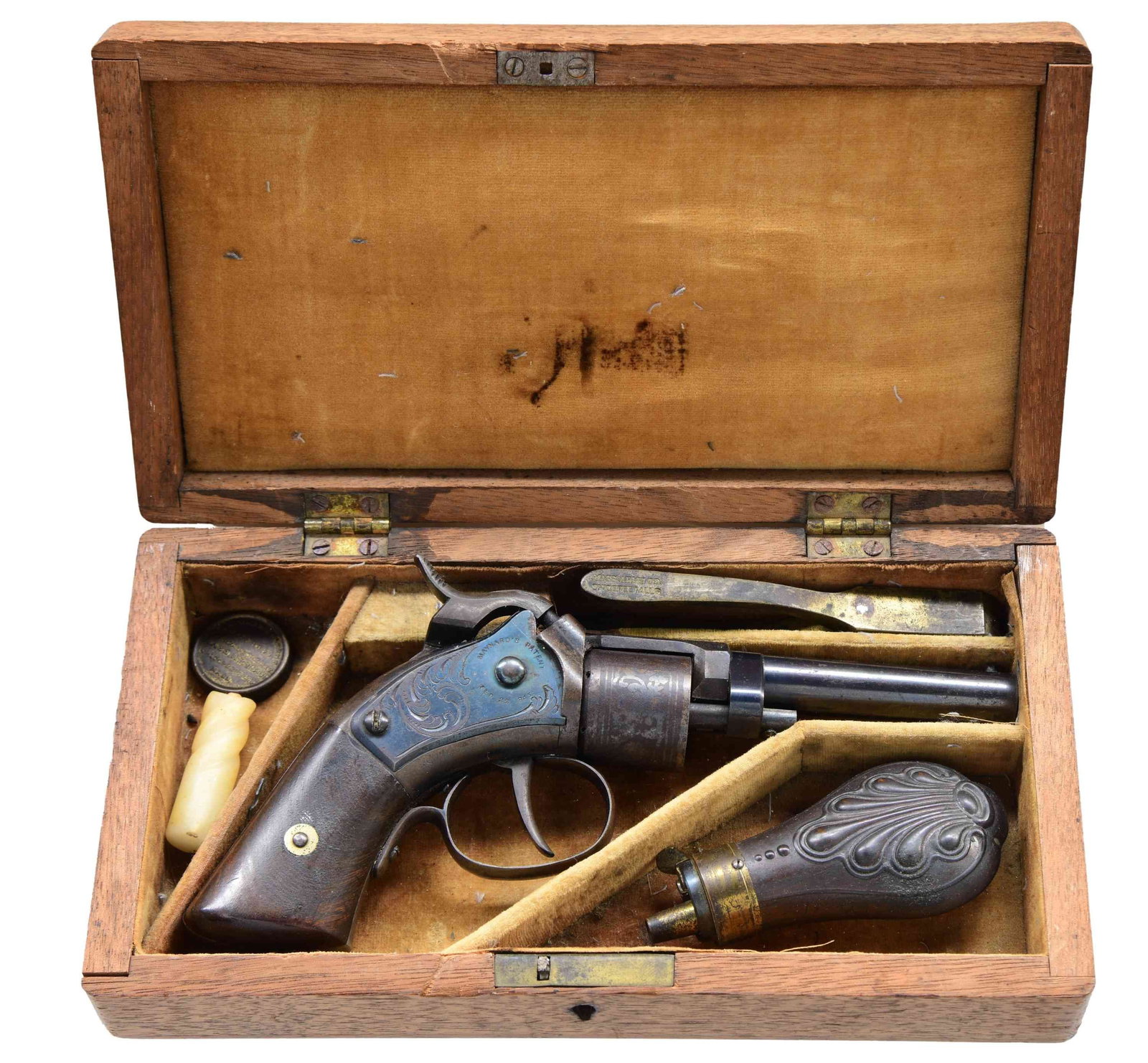 CASED CIVIL WAR ERA MASS ARMS COMPANY MAYNARD: PRIMED POCKET REVOLVER. Cal. 28. S# 616. Standard configuration of the last version with cylinder revolving when cocked. This revolving cylinder is what caused Colt to sue for patent infringement. 7.2
