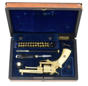 CASED RELIEF ENGRAVED IVORY & GOLD LIEGE PINFIRE