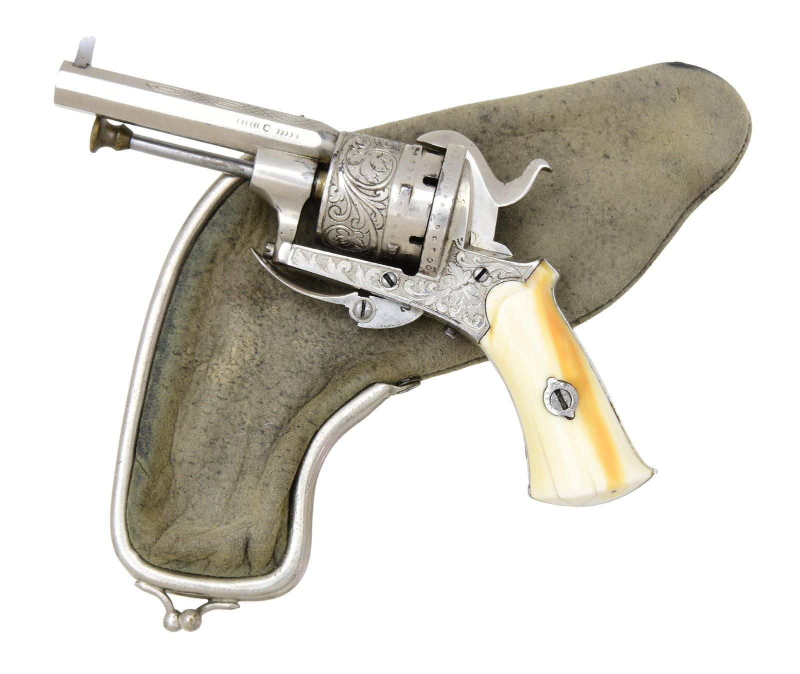 EXTREMELY FINE PETITE 5MM ENGRAVED & IVORY PINFIRE: REVOLVER IN RARE MOLE SKIN PURSE CASING. Cal. 5mm. NSN. 5" overall, 2.25" octagonal barrel, tall pinched front sight, "star / K" proof on right side, about 50% mixed relief and incised engraving, 2-pi