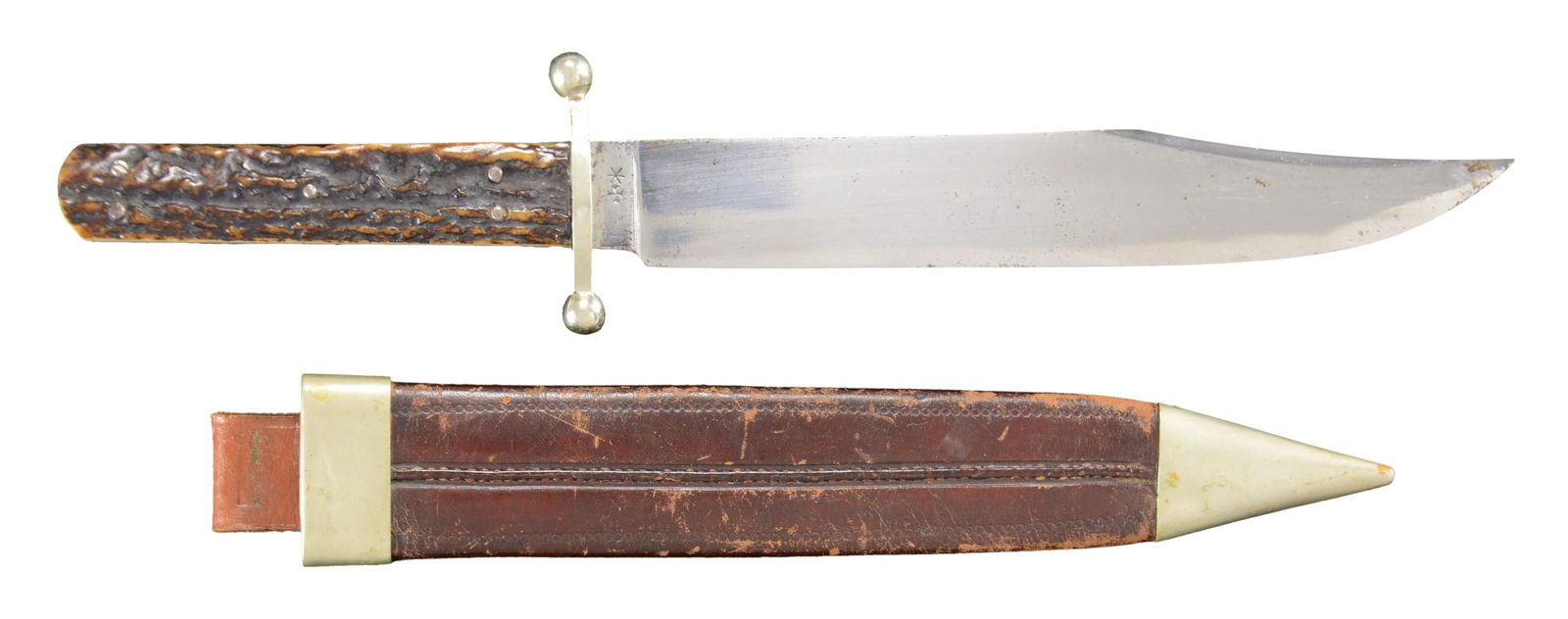 FINE LATE VICTORIAN JOSEPH ROGERS BOWIE KNIFE &: SHEATH. 12.5" overall, 7.75" clip point blade, "GR cypher / J. ROGERS & SONS /6 NORFOLK ST /SHEFFIELD ENGLAND" stamped on ricasso, stag slab handle, German silver mounted sheath. CONDITION: very good