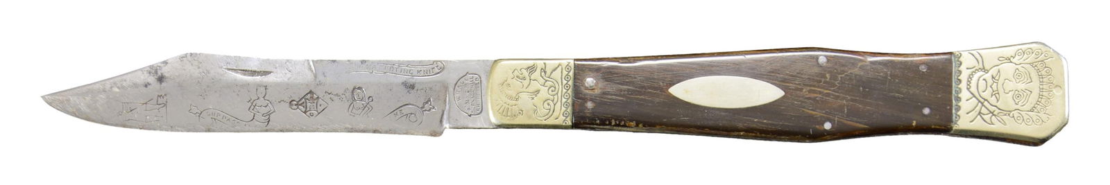 RARE EARLY SAMUEL WRAGG CYPHERED FOLDING BOWIE.: 11"overall, 4.75" clip-point blade, stamped cyphers of Chinaman, Neptune, mermaid, amulet, "I SURPASS [ALL]" "[TRY] ME" and "ALABAMA HUNTING KNIFE". Ricasso stamped "S. WRAGG / No 25 / FURNACE HILL /