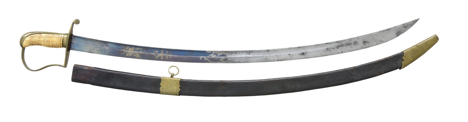 LATE FEDERAL PERIOD MOUNTED OFFICER'S SABER.: Overall length: 36 1/2". Blade length: 30 1/8". Blade has a single, medium fuller and shows gold-highlighted etching on a blued field. Etching includes foliate, military, and patriotic motifs, includi