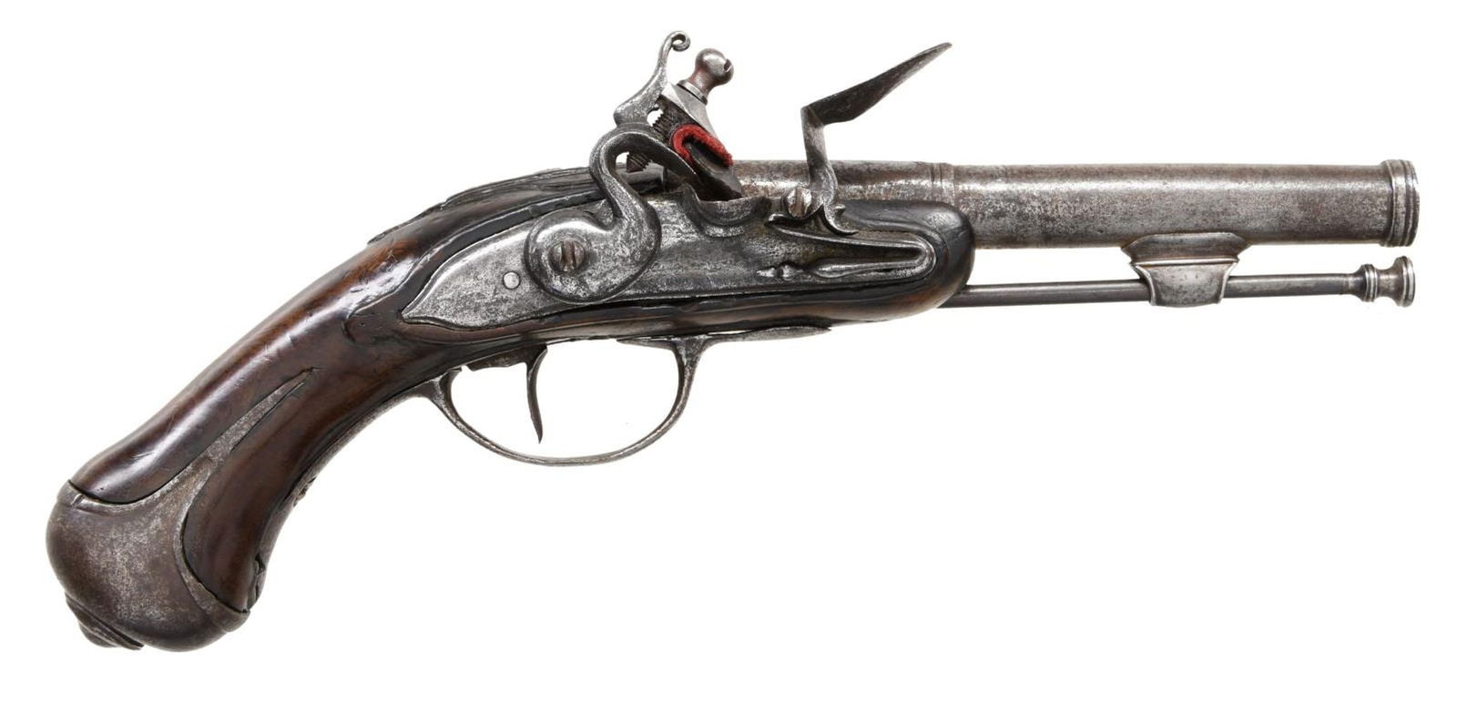 UNMARKED CANNON BARREL FLINTLOCK GREATCOAT: PISTOL. Cal. 50. S# NSN. The 5 3/4" shaped octagon to round barrel with cannon turned muzzle is unmarked. Early type lock with arched and rounded plate is fitted with serpentine cock, inset rounded pa