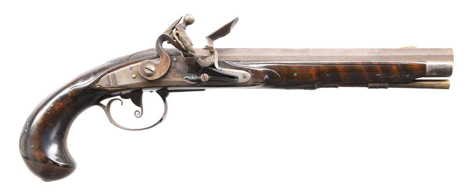 ALVIN WHITE CUSTOM FLINTLOCK PISTOL.: Cal. 44. NSN. 13.5" overall, 8.4" octagon barrel signed in script "AAW". Cal. 44 NSN. 57" overall, 42" octagonal barrel signed "AAW". Alvin A. White (1915-2006) best known as a master engraver for Col