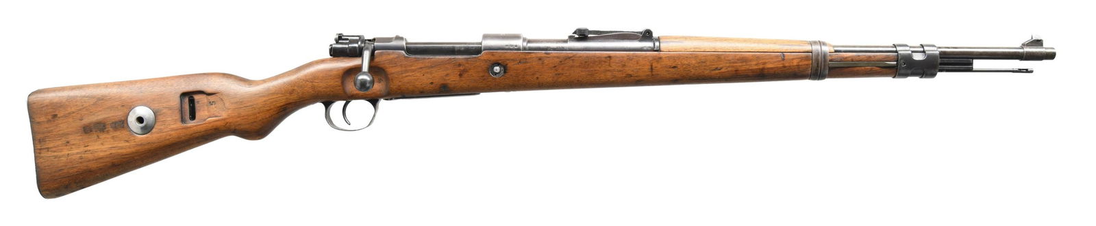 EARLY MAUSER (S/42G) K98K BOLT ACTION RIFLE.: Cal. 8x57 (8mm Mauser). S# 2781. Bbl. 23 1/2". Blade front sight. Tangent rear sight graduated to 2000m. Mismatched numbers throughout, including bbl. Receiver top has "S/42G" marking, denoting mfg. b