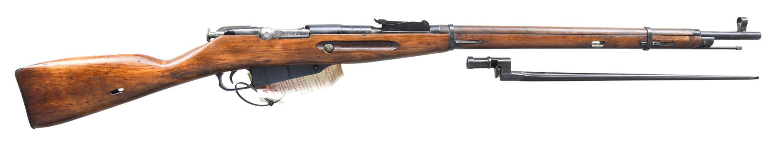 RUSSIAN WWII IZHEVSK MOSIN NAGANT BOLT ACTION: MILITARY RIFLE. Cal. 7.62X54R. S# T120736. Numbers match on barrel, bolt, floorplate, and buttplate. Bbl. 28 3/4". Tangent rear sight graduated to 2000 meters. Post front sight with protective hood. I