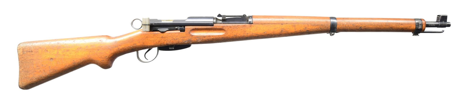 SWISS K31 STRAIGHT PULL BOLT ACTION MILITARY: RIFLE. Cal. 7.5x55. S# 999941. All visible serial numbers match. Bbl. 25 5/8". Import-marked on right side of bbl. These desirable rifles were the ultimate development of the Swiss Straight Pull Serie