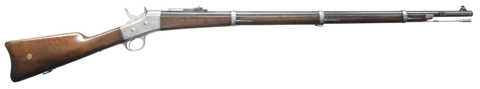 DANISH MODEL 1867 ROLLING BLOCK SINGLE SHOT: MILITARY RIFLE. Cal. 11.35 CF. S# 58529. Bbl. 35 3/8". Bayonet bar on right side of bbl. Ladder rear sight with auxiliary volley notch. Volley sight is present on the middle bbl. band. Front sight bas