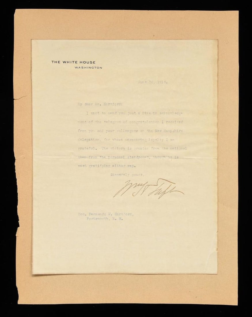 A TYPED LETTER SIGNED BY PRESIDENT WILLIAM HOWARD: TAFT. The letter itself measures approximately 9" x 7". The heading at the top, printed in black, reads "THE WHITE HOUSE WASHINGTON". The letter is dated June 24, 1912, and appears to thank a gentlema