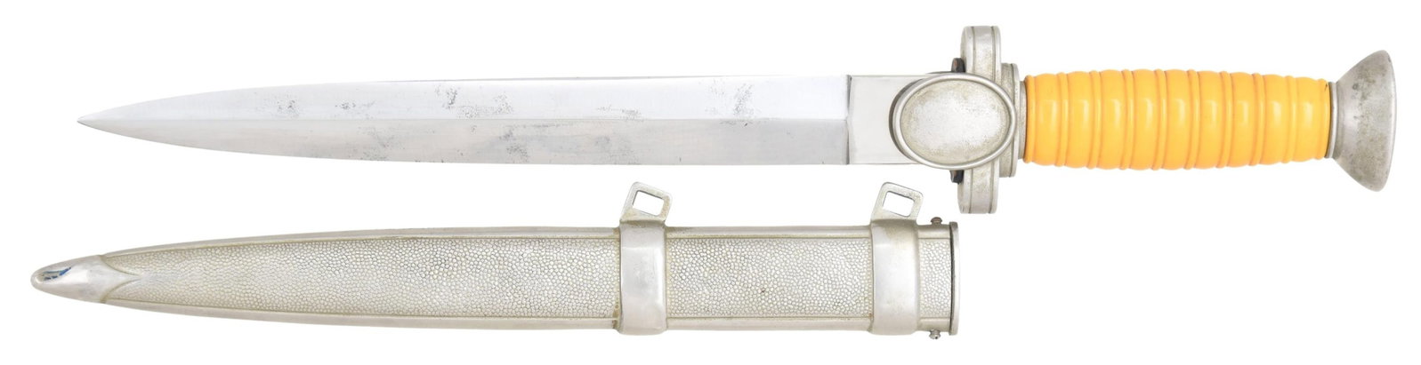 WWII GERMAN RED CROSS LEADER'S DAGGER.: Overall length: 15 1/8". Plain blade with no maker's mark. Nickel silver crossguard with the Red Cross eagle in an oval on the front and a plain oval on the back. Oval conical pommel with light orange