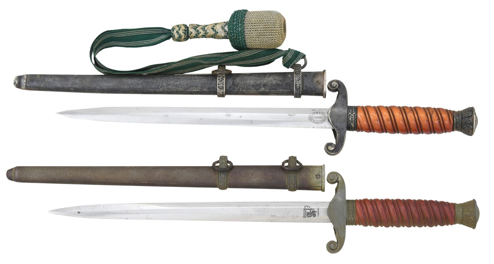 2 WWII GERMAN ARMY DAGGERS.: 1) HOLLER. Overall length: 16". Plain blade marked "F.W. HOLLER (logo) SOLINGEN". Plated eagle crossguard with plated oak leaf/acorn decorated pommel and ferrule. Dark orange composite grip. Plated sc