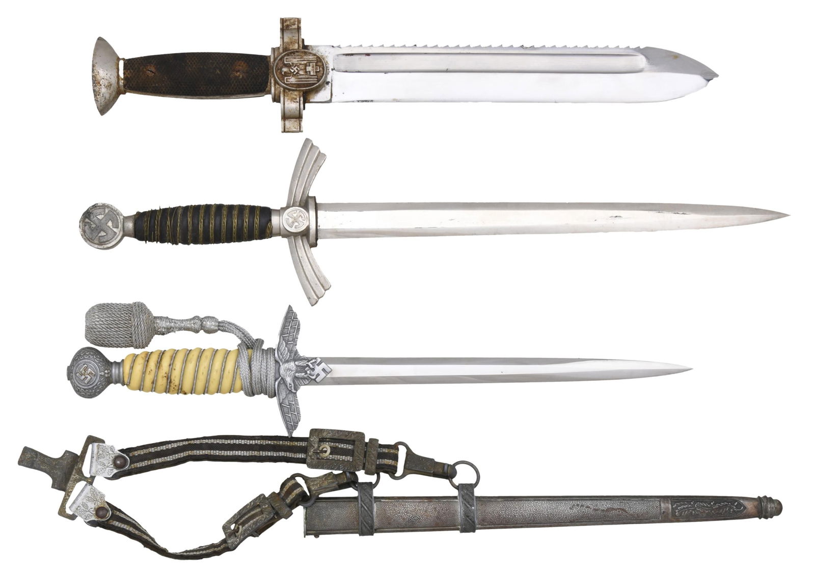 3 WWII GERMAN DAGGERS.: 1) RED CROSS. This dagger measures 15 5/8" overall with a plain, sawback blade that has a single medium fuller. The ricasso is marked "GES. GESCHUTZT". Front has a Red Cross eagle languet, and the bac