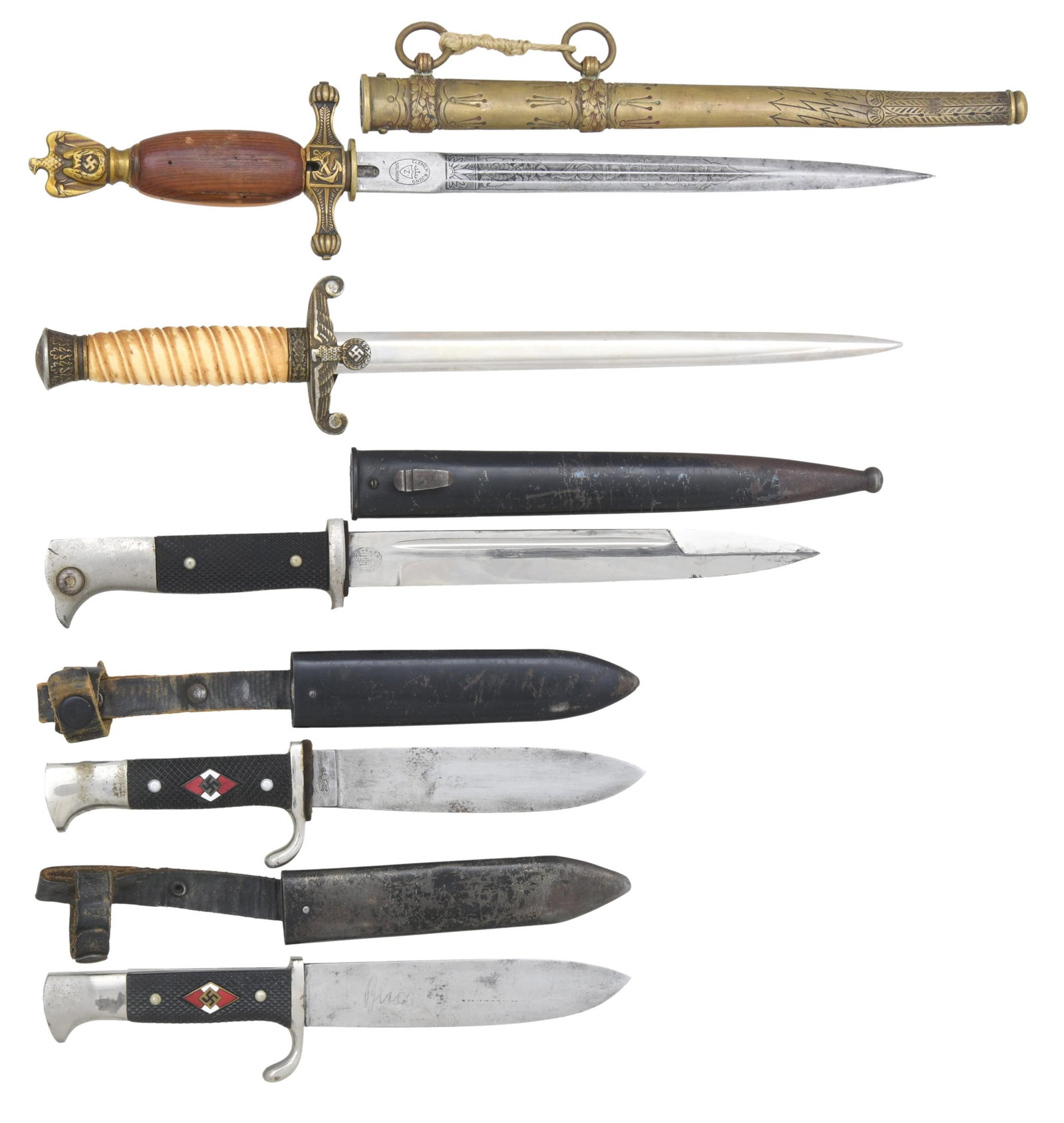 5 WWII GERMAN EDGED WEAPONS.: 1) HJ. A good example of an HJ side knife measuring 10" overall with a 5 1/2" plain blade. The ricasso is marked "RZM M 7/51/38" and "(knight)". Two-piece black composite, checkered grip, with the fro