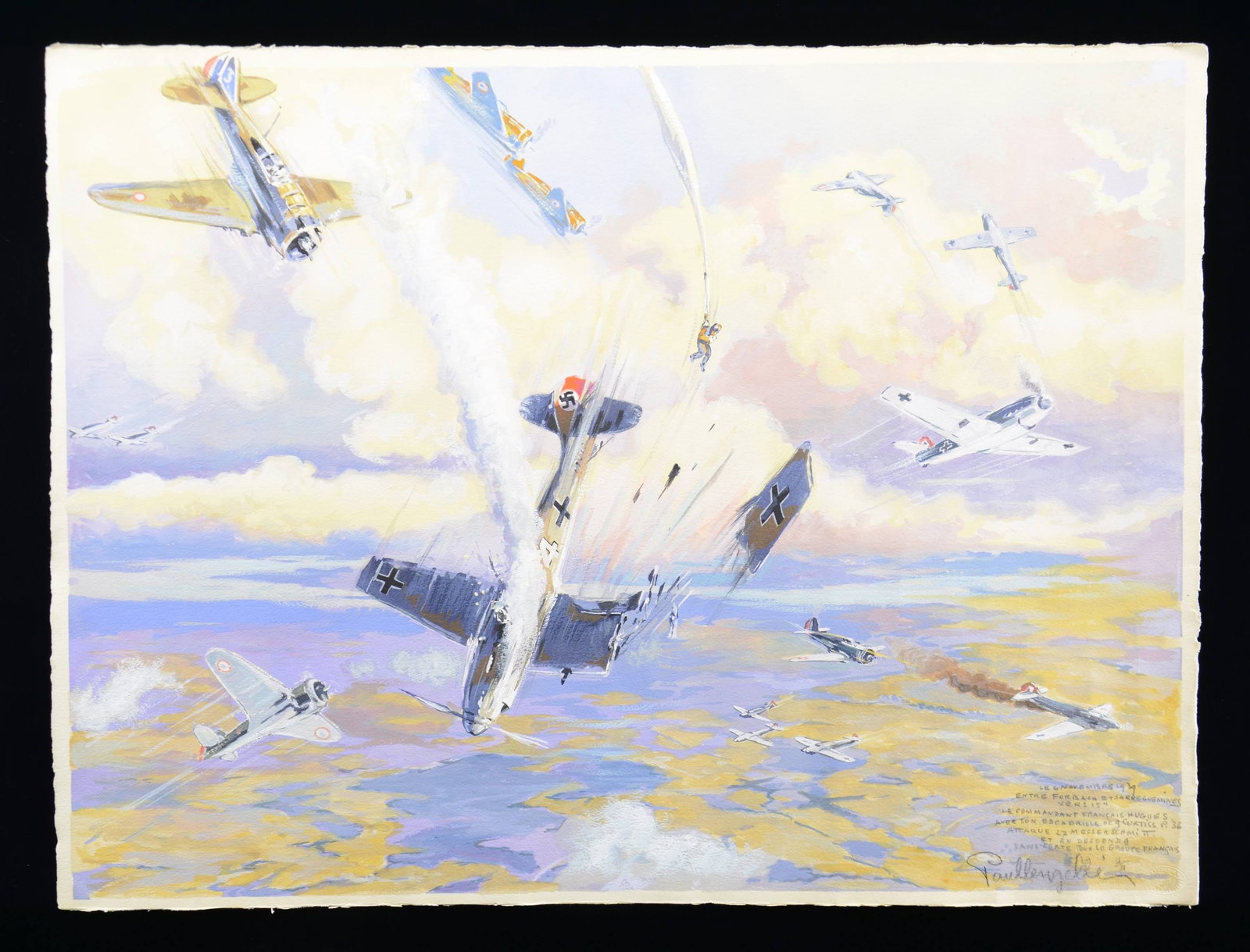 AN ORIGINAL WATERCOLOR PAINTING OF A WWII GERMAN &: FRENCH DOG FIGHT. This unframed painting shows a dog fight between WWII German Messerschmitt aircraft and French Curtiss P36 aircraft. There is also a parachuted pilot, presumably from a downed German