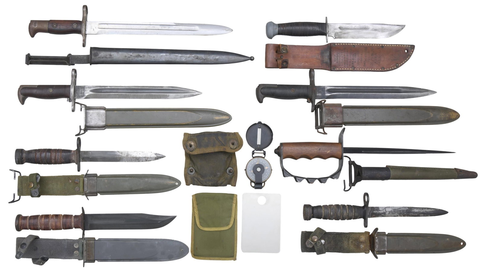 INTERESTING GROUP OF KNIVES, BAYONETS AND MILITARY: ITEMS. NO.1: 1897 Krag bayonet. 11 5/8" fullered bright blade. Marked on left ricasso "1900". Marked on right ricasso "US". Walnut grips secured by round head rivets. Steel scabbard w/ belt hook. COND