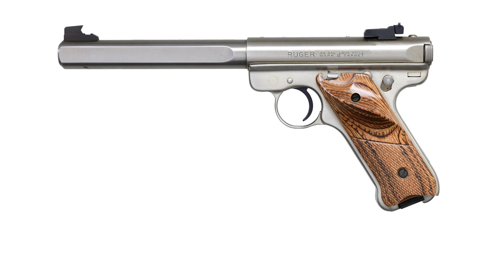 RUGER KMK-678GC MARK II TARGET COMPETITION MODEL: 0186 SEMI AUTO PISTOL CAL. 22 LR S# 218-37196 (mfg. 1994). Stainless finish with 6.875" slab-side bull barrel. Fixed blade front sight and adjustable rear sight; 3-hole drilled and tapped. Checkered l