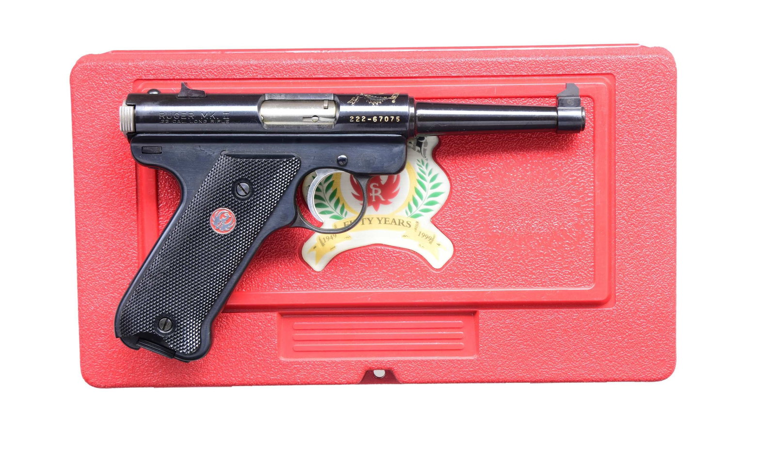RUGER MK450 MARK II 50TH ANNIVERSARY SEMI AUTO: PISTOL WITH MATCHING FACTORY MODEL 0149 CASE. CAL. 22 LR S# 222-67075 (mfg. 1999). Top of receiver has gold filled Ruger 50th anniversary crest. Blued finish with 4.75 inch barrel. Fixed blade front s