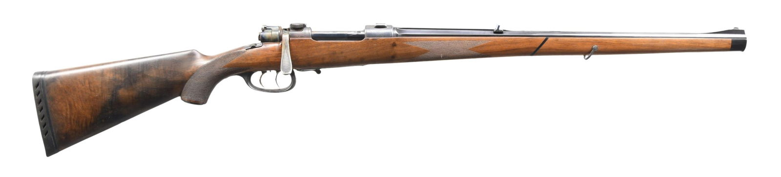 GREIFELT FULL STOCK MODEL 98 MAUSER RIFLE.: Cal. 7x57. S# 38075. The firm of Greifelt is known for its fine quality workmanship and their guns were imported by Abercrombie & Fitch before WWII. This high condition example of a fairly scarce bolt