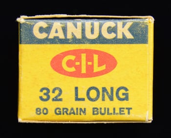 VINTAGE 50-ROUND BOX OF CANUCK .32 LONG RIMFIRE