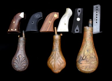 LOT OF ASSORTED GRIPS, POWDER FLASKS, & A CLEANING