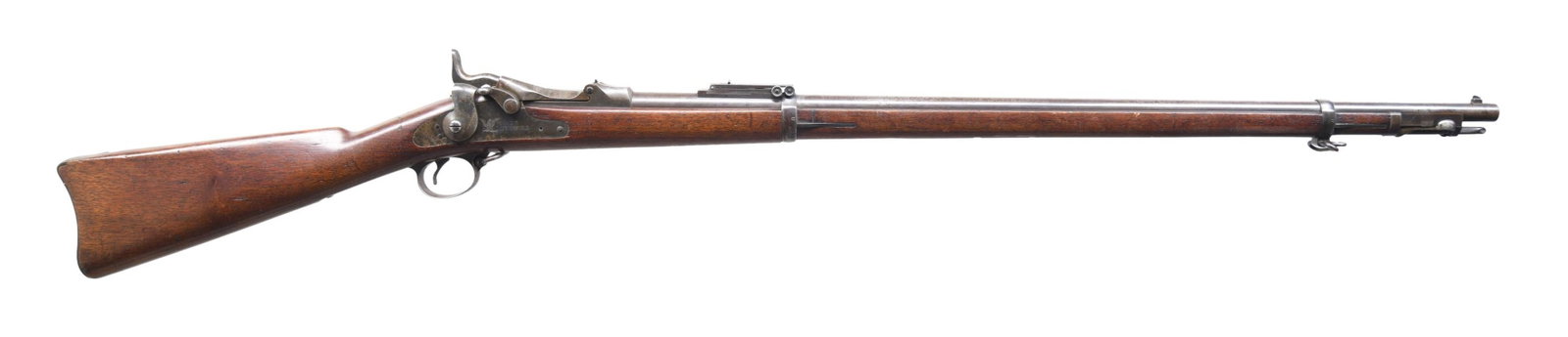 PENNSYLVANIA NATIONAL GUARD SPRINGFIELD MODEL 1884: TRAPDOOR SINGLE SHOT MILITARY RIFLE. Cal. 45-70. S# 510401. Bbl. 32".Receiver mfg. in 1891. Rifle is marked with "NGP" on the left side of the forend, top of the wrist, and at the buttplate tang, indi