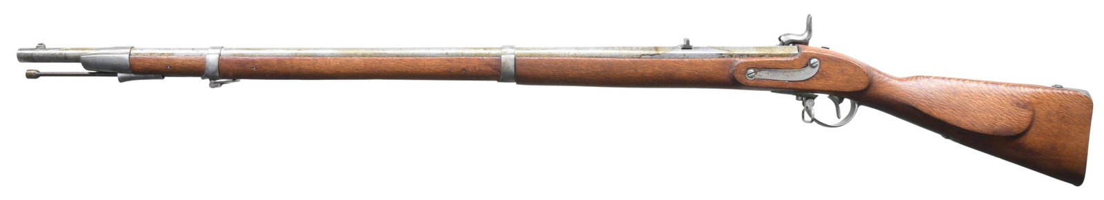 EUROPEAN PERCUSSION RIFLE-MUSKET WITH SYCAMORE: STOCK. Cal. 58. S# NSN. The 37" barrel with octagonal breech section has proof marks on left flat. Barrel is fitted with "U" notch rear and blade front sights. Percussion lock is marked "860" at cente