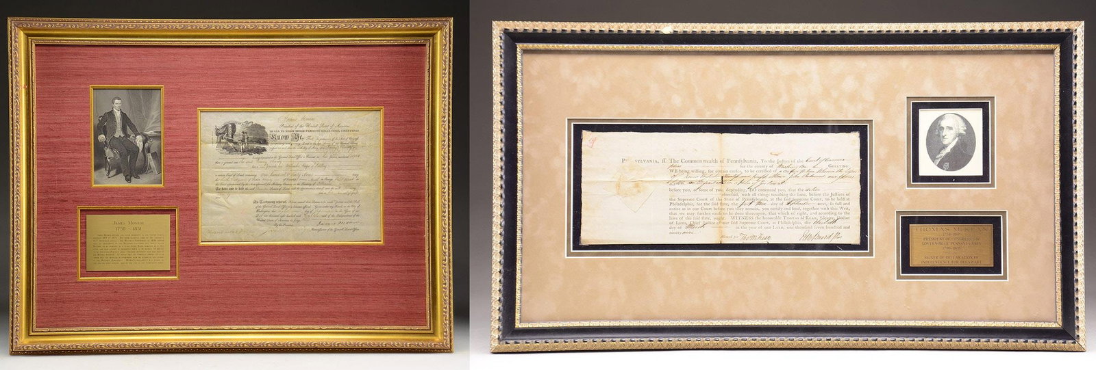ATTRACTIVELY FRAMED SIGNED DOCUMENTS BY JAMES: MONROE & THOMAS McKEAN. 1) JAMES MONROE. A signed presidential land grant from James Monroe, dated "8 September 1818". The grant gives 160 acres of land, in the territory of Illinois, to Tinney Hardy,