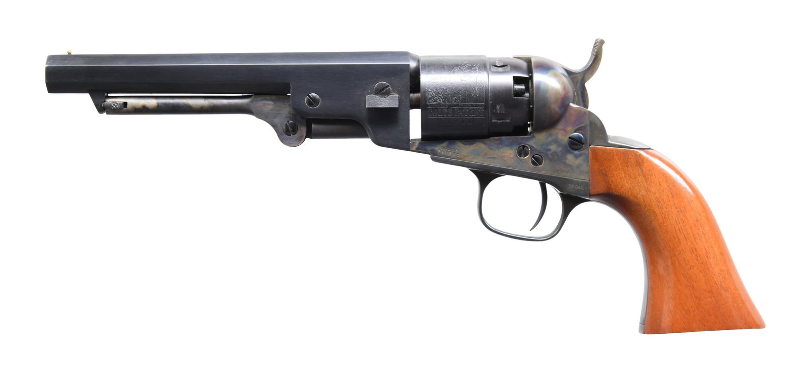 COLT 2nd GEN 1862 REVOLVER.: Cal. 36. S# 58796. Bbl. 5 1/2". Brass post front sight. Blued bbl. and cyl. The cyl. has engraved frontier scenes. Case-colored frame and hammer. Plated brass trigger guard and grip frame. Smooth waln