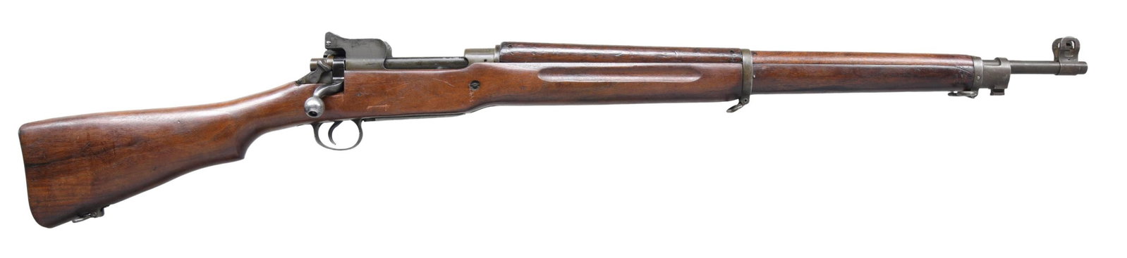 U.S. WWI EDDYSTONE MODEL 1917 BOLT ACTION MILITARY: RIFLE. Cal. 30-06. S# 1017432. Bbl. 26". Bbl. is marked behind the front sight, "HS (flaming bomb)" and "P," indicating replacement bbl. by High Standard Mfg. Co. Ladder rear sight, marked "W," is gra