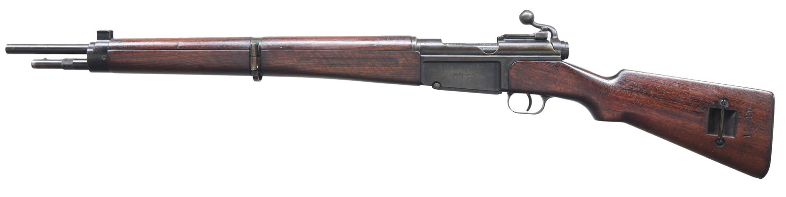 FRENCH MAS 36 BOLT ACTION MILITARY RIFLE.: Cal. 7.5 French. S# g12886. Matching numbers on receiver, floorplate, trigger guard, and buttstock; no import mark is visible. Bbl. 22 7/8". Tangent aperture rear sight graduated to 1200 meters. Blade