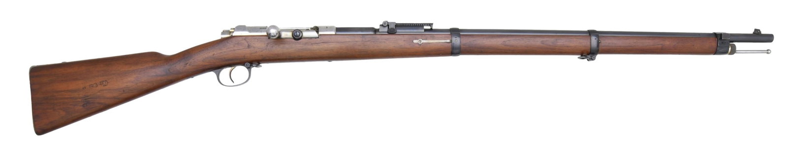 FINE SPANDAU 71/84 MAUSER BOLT ACTION RIFLE.: Cal. 11mm Mauser. S# 9753. Bbl. 31 1/2". Blade front sight. Ladder rear sight graduated to 1600m. Very fine Spandau-made example with all visible matching numbers. Receiver, bolt, and buttplate are in