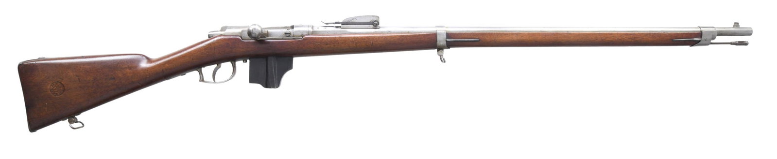 DUTCH MODEL 1871/88 BOLT-ACTION MILITARY REPEATING: RIFLE. Cal. 11.3x51R. S# 112G. Numbers match on receiver, bolt assembly & mag. follower. Numbers "4056" appear on left side of the bbl. over chamber & over buttplate. Bbl. 32.7". Bbl. is dated 1885 & 