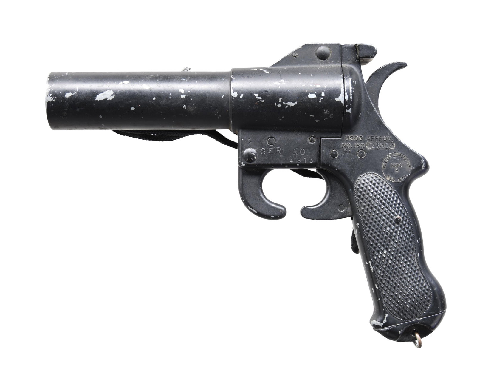 US WWII ERA KILGORE MODEL B 37MM FLAREGUN.: CAL 37MM. S# 4913. Bbl. 8" smooth bore. Cast metal construction with a black, baked enamel finish. Frame is marked on the left side with an encircled "MOD. B KILGORE CORPORATION TOONE, TENN."; it is a