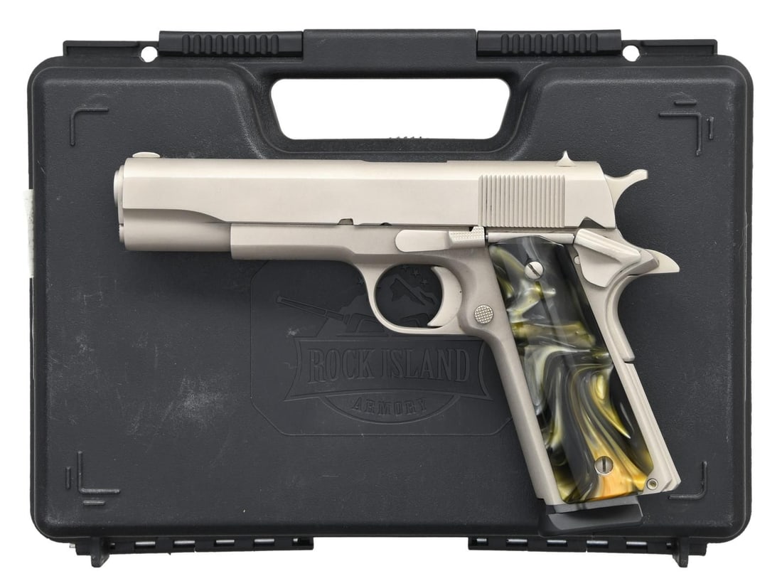 ROCK ISLAND ARMORY 1911A1 FS SEMI AUTO PISTOL.: Cal. 38 Super. S# RIA2419338. Bbl. 5". Round blade front sight. Fixed rear sight. Frost nickel finish. Black and gold faux Mother of Pearl grips. MAGS: one 10 rd. UNATTACHED ACCESSORIES: matching-numb