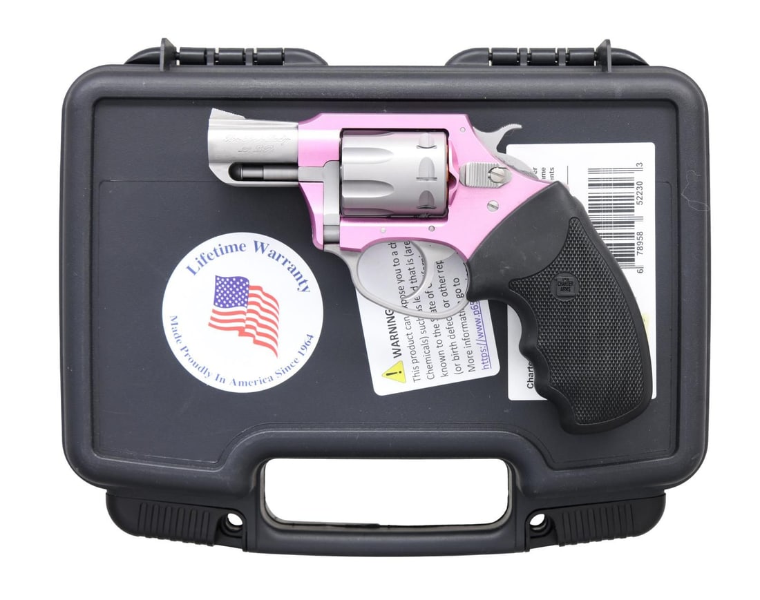 CHARTER ARMS PINK LADY DA REVOLVER.: Cal. 22 LR. S# 22L42616. Bbl. 2". Ramped serrated blade front sight. Fixed rear sight. Eight-shot cyl. Two-tone pink & stainless finish. Checkered black hard rubber grips w/ factory logo. UNATTACHED A