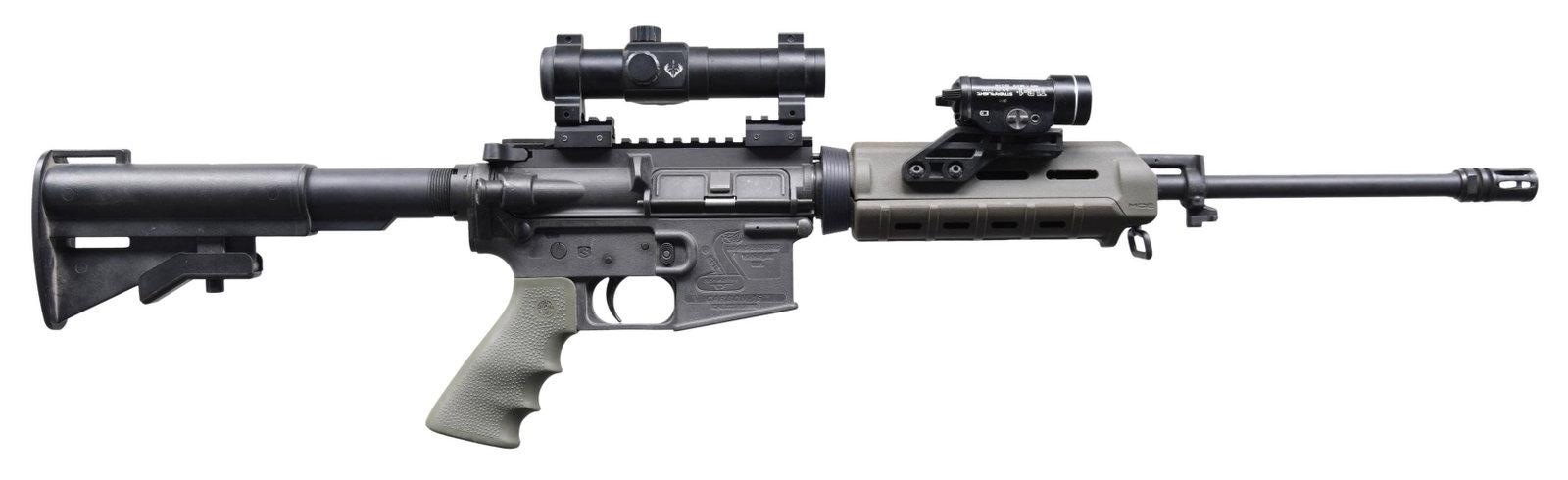 BUSHMASTER CARBON15 RIFLE.: Cal. 5.56 NATO. S# CT002346. Bbl. 16", 1:9 pencil barrel. Lightweight Bushmaster carbine. A2 flash hider. Low-profile gas block and bayonet lug. MAGPUL MOE OD green handguards with Streamlight TLR-1 l
