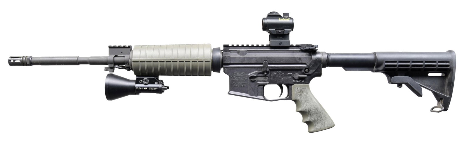 WINDHAM WEAPONRY WW-CF CARBINE.: Cal. 5.56 NATO. S# CF005551. Bbl. 16" WW 1:9 M4 Profile. Carbon fiber receivers. A2 style flash hider. Low profile gas block / bayonet lug w/ 2" picatinny rail. OD Green carbine length A2 handguards w