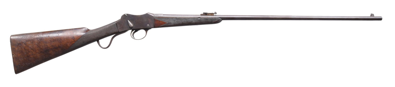 BELGIAN MARTINI CADET STYLE SPORTING RIFLE.: Cal. 310 Cadet. S# 1. Bbl. 28 3/4". Single-shot, breechloading Martini Cadet-style sporting rifle produced by an unknown mfg. in Belgium. Rifle is virtually unmarked, save for several Belgium proof ma