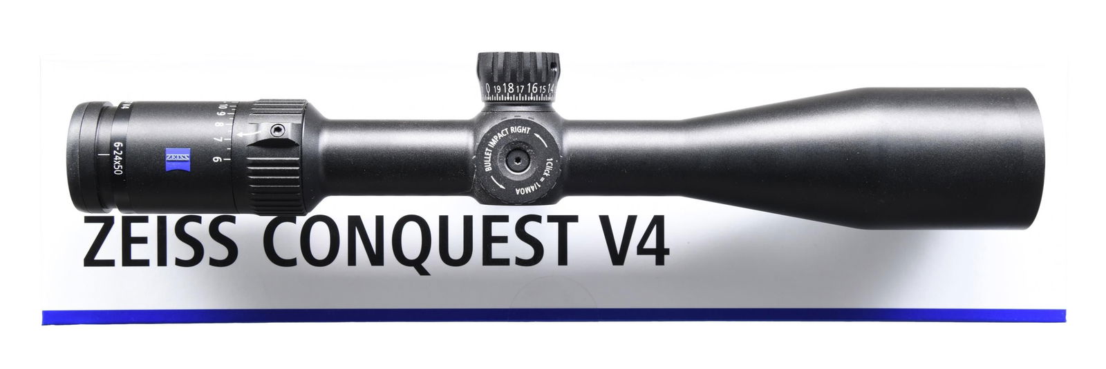ZEISS CONQUEST V4 6-24X50MM RIFLE SCOPE.: 6-24X50MM. Illuminated 68 ZBI reticle. Matte-finished 30mm tube. External finger tip adjustments, including side focus. Slip-on scope caps. Made in Japan. UNATTACHED ACCESSORIES: manuals, lens cleaner