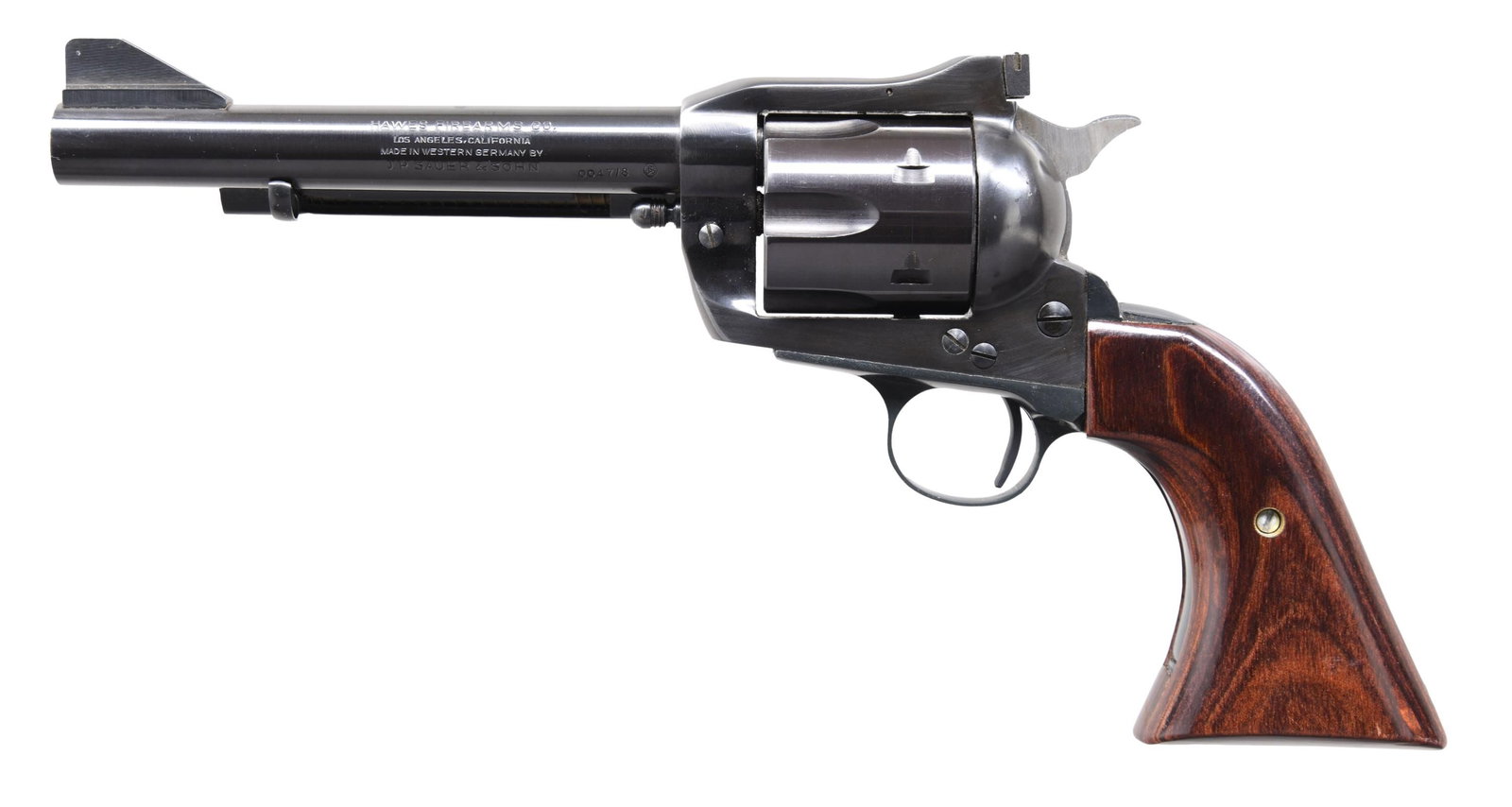 J.P. SAUER & SOHN / HAWES WESTERN MARSHAL SINGLE: ACTION REVOLVER. Cal. 45 Colt. S# 004718. Bbl. 6". Western Marshal single-action revolver mfg. in West Germany by J.P. Sauer & Sohn and imported by Hawes Firearms Co. Left side of the bbl. is marked w