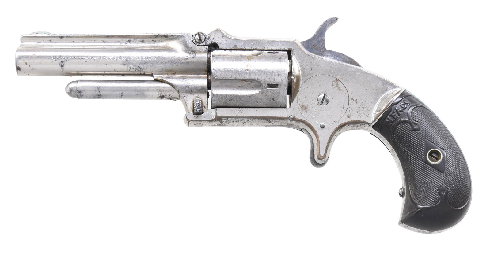 MARLIN NO. 32 STANDARD SA REVOLVER.: Cal. 32 RF. S# 4104u. Bbl. 3". Round blade front sight. Renickel finish with case-colored hammer and spur trigger. MFA CO-marked hard rubber grips. CONDITION: grips show some handling marks. Metal ret