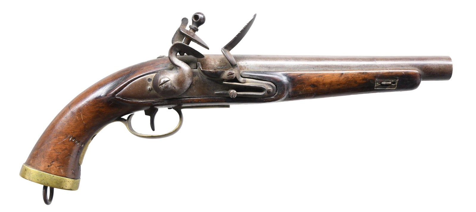 EARLY 19th CENTURY DUTCH SEA SERVICE FLINTLOCK: PISTOL. Cal. .69. NSN. Bbl. 9". A classic Dutch or Belgian flintlock sea service pistol from the late 1820s or 1830s. The round bbl. is unmarked, and the lock shows a single stamp to the rear of the p