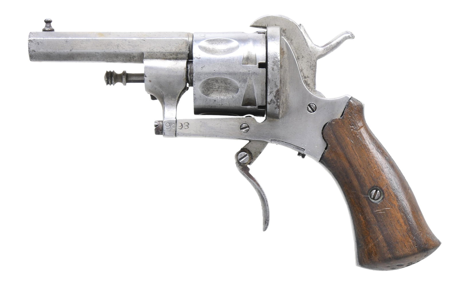 BELGIAN PINFIRE REVOLVER.: Cal. 7mm. S# 98. Bbl. 2 1/4". Post front sight. Right rear of bbl. has Belgian crown "R" proof. Folding trigger. Renickel finish. Smooth hardwood grips. CONDITION: grips have an older finish, with sca