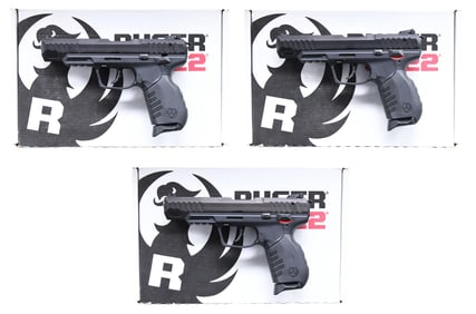 THREE RUGER SR22 SEMI-AUTO PISTOLS.