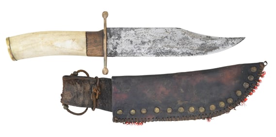 HANDMADE BOWIE STYLE KNIFE WITH LEATHER SHEATH.
