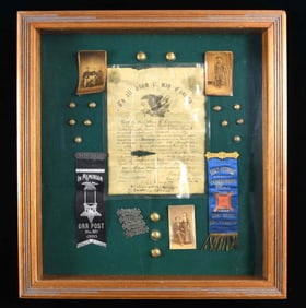 CIVIL WAR & GAR SHADOW BOX FRAME WITH MEMENTOS.