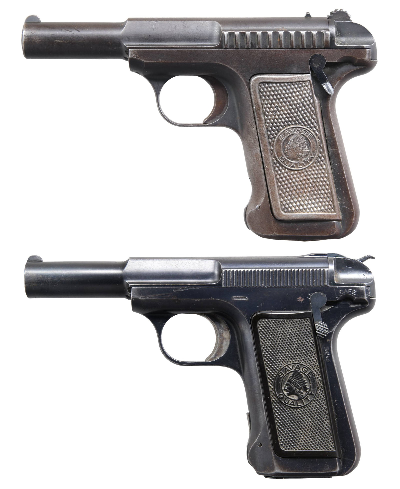 LOT OF TWO SAVAGE PISTOLS.: This lot consists of the following Savage semi auto pistols both in Cal. 32 ACP: 1) SAVAGE 1905 SEMI AUTO PISTOL. S# 2712. Bbl. 3 1/4". Round blade front sight. Fixed rear sight. Checkered Savage Qual