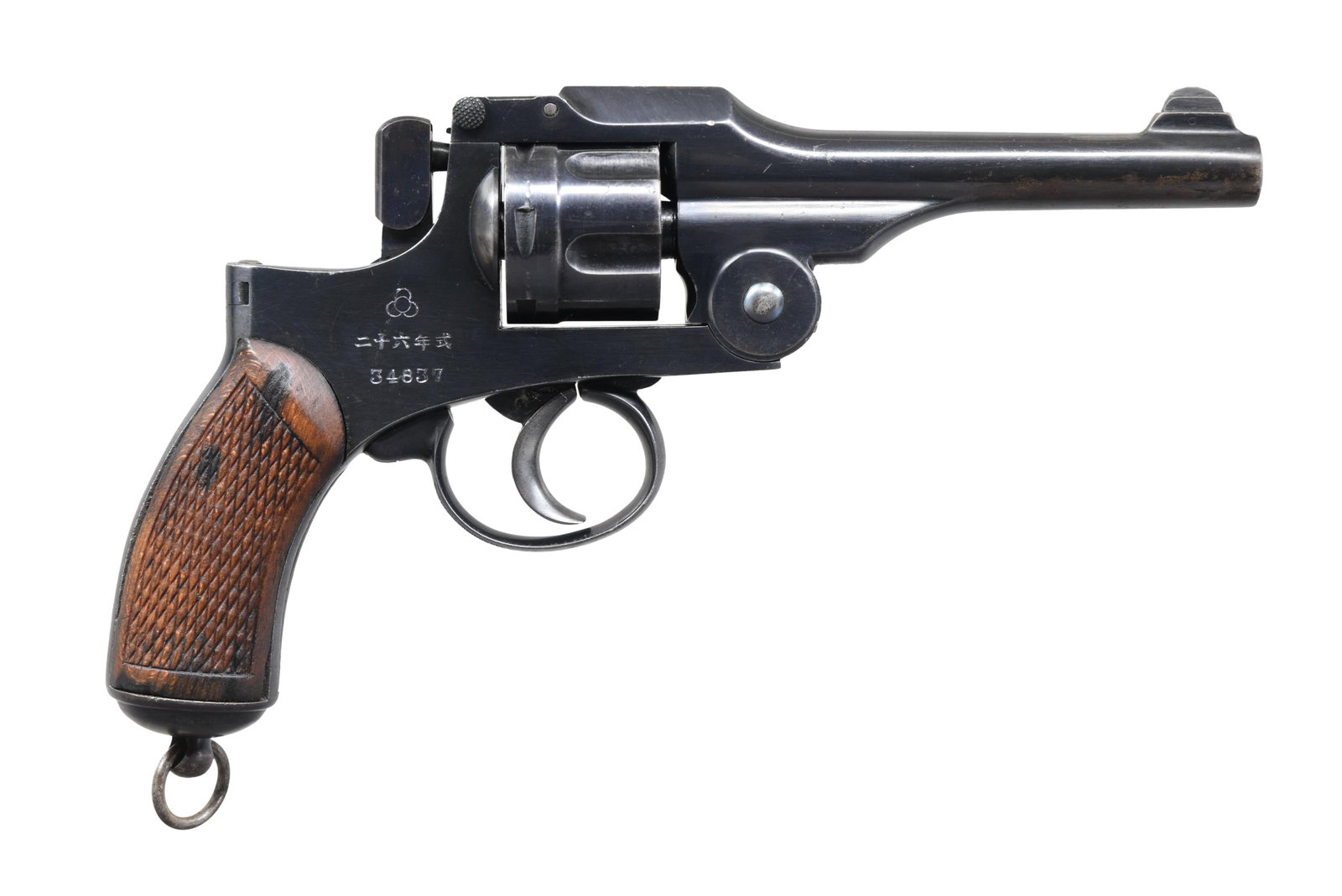 JAPANESE TYPE 26 DA REVOLVER.: Cal. 9mm Jap Revolver. S# 34837. Bbl. 4 5/8'. Round blade front sight. Fixed rear sight. Cyl. & extractor have assembly numbers that match either other, as do trigger & underside of bbl. latch. Right 