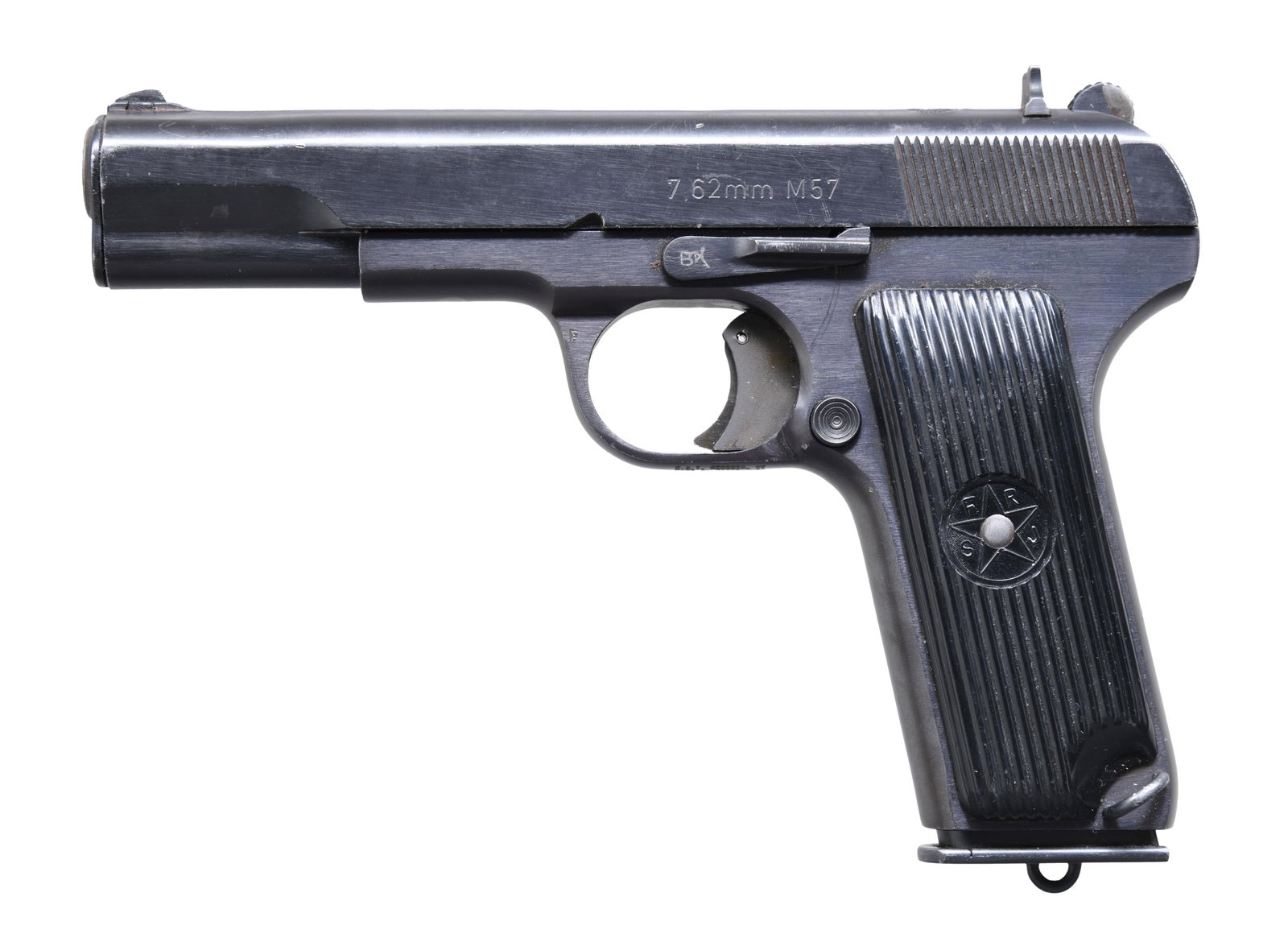 YUGO MODEL 57 TOKAREV SEMI AUTO PISTOL.: Cal. 7.62x25. S# M57-60044. Bbl. 4 5/8". Blade front sight. U-notch rear sight. Matching numbers on frame, slide & bbl. Bottom of trigger guard has Century import marking. Right side of frame has impo