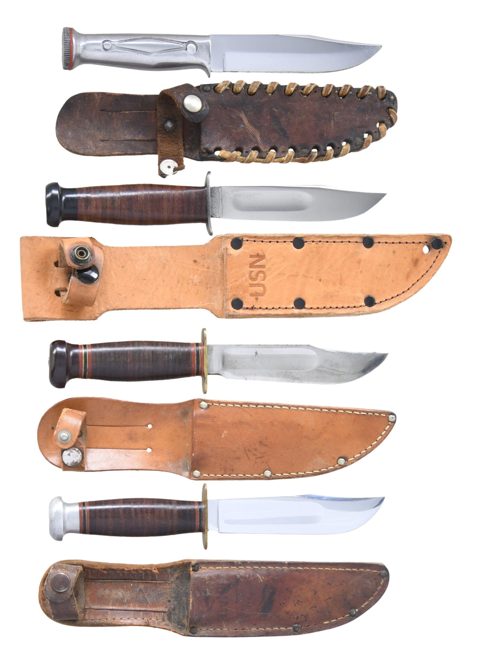 4 WWII ERA US FIGHTING AND SURVIVAL KNIVES.: No.1: Case XX Survival Knife. 4 7/8" bright polished blade. 8 7/8" overall. Blade is marked on left ricasso "CASE". Hollow aluminum handle. Threaded pommel w/ red rubber gasket. When removed, pommel r